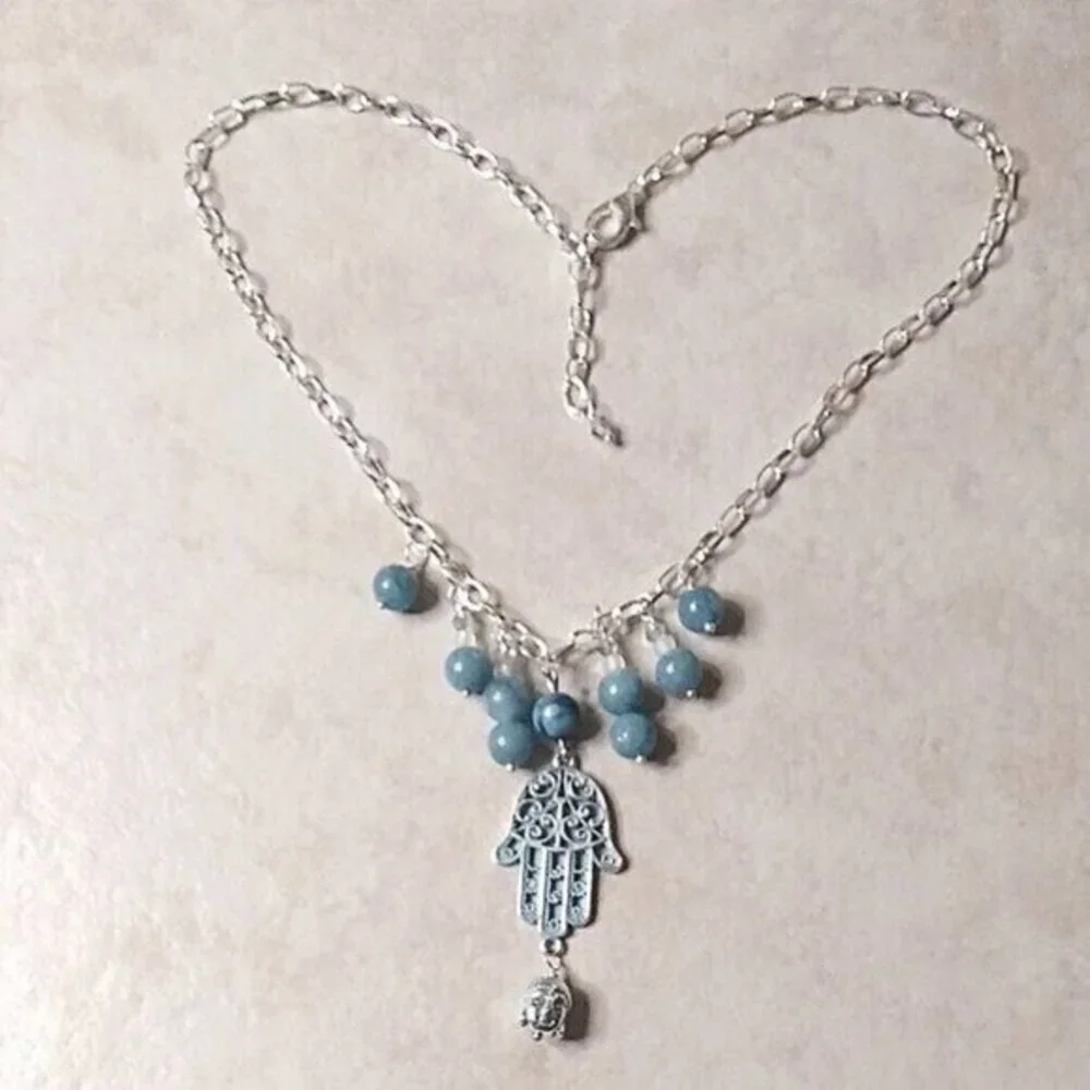 Boho Blue Agate & Patina Painted Hamsa Hand + Buddha - 20